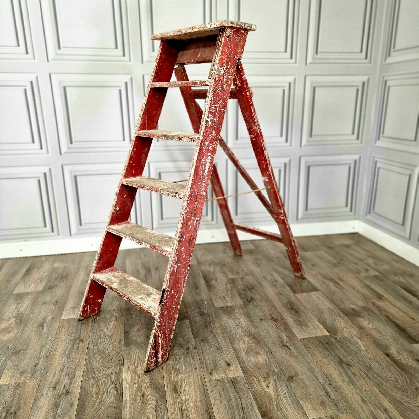 Vintage Wooden 5 Tread Step Ladders Red Display Prop Shelves Retro