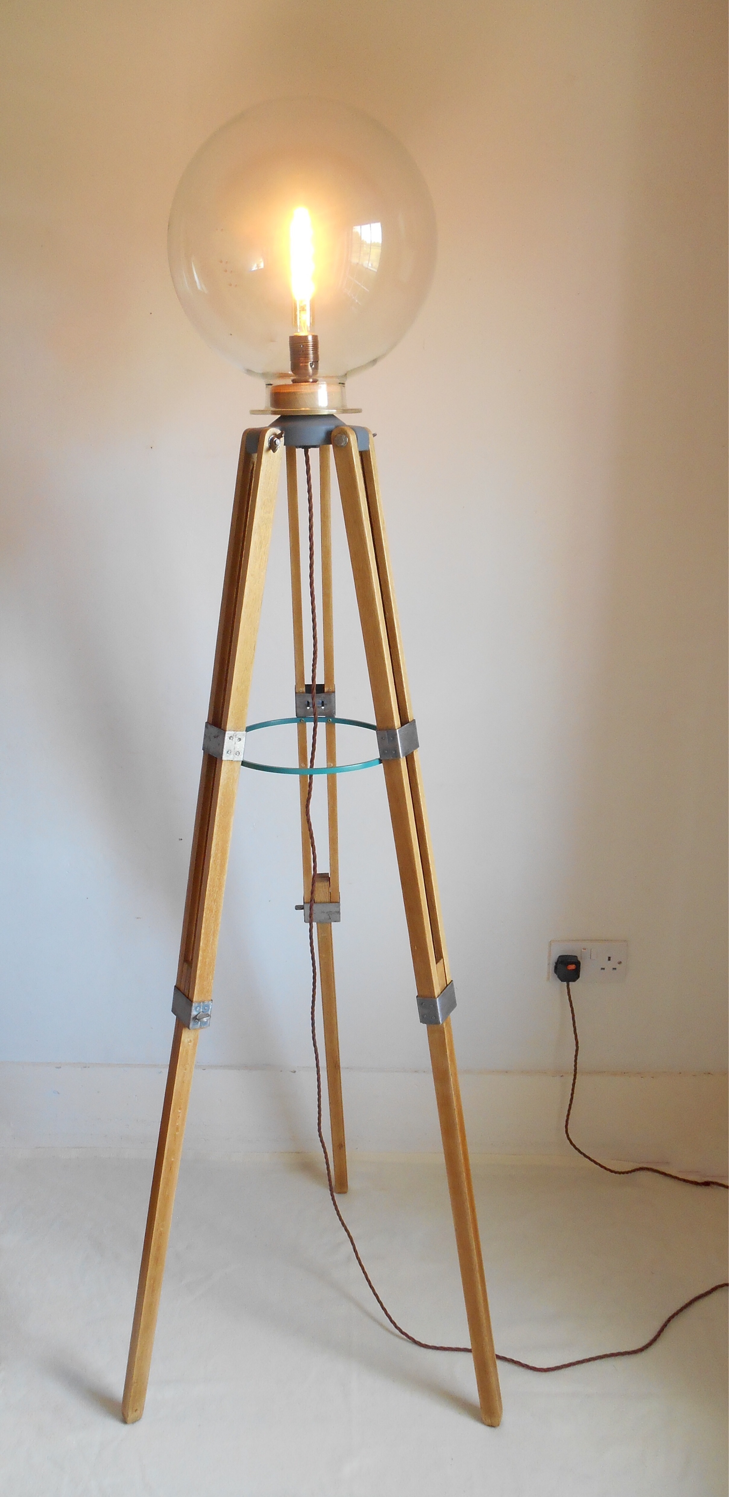 A Vintage Wooden Tripod Floor Lamp With Glass Dome