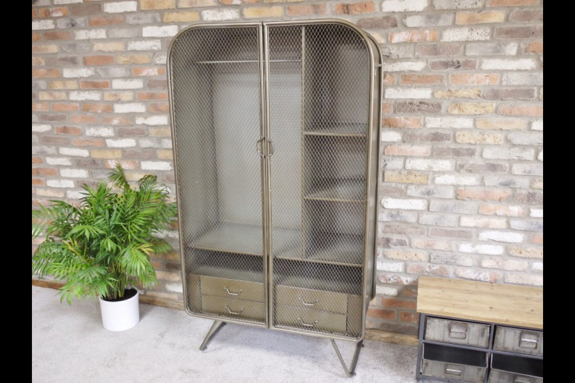 Large Industrial Metal Wardrobe Mesh Fronted With Clothes Hanging