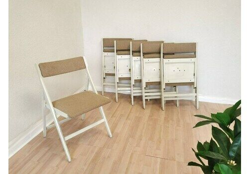 1 Of 6 Vintage Wooden White Foldable Lounge Chairs With Beige Fabric By Stol Kamnik 1970s / Original Sticker / Mid Century Dining Dine Chair