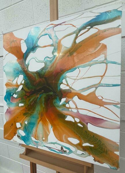 Philippe Aird Colourful Abstract Painting Using Orange & Turquoise Resin On A White Canvas 2005 Circa photo Art