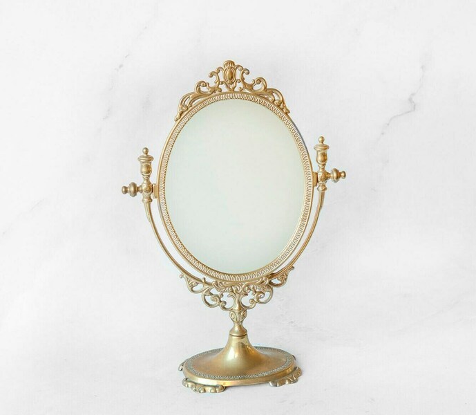 Antique Brass Table Mirror, Baroque Oval Vanity Mirror, Decorative