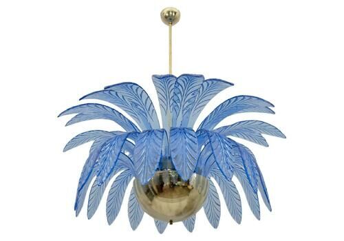 Mid Century Modern Palm Leaves Big Chandelier Murano Glass And Brass, 1970s