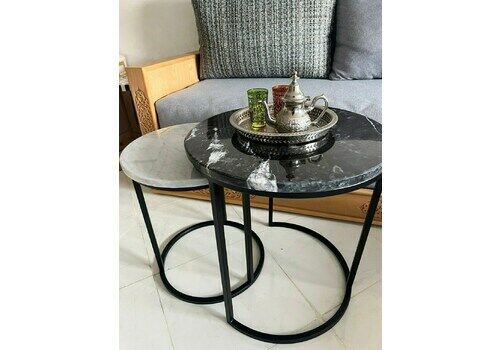 Moroccan Inspired Marble Pattern Round Coffee Table Set For Stylish Living Room Decoration