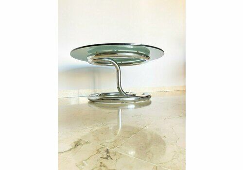 Vintage Italian Tubular Chromed Metal And Smoked Glass Table By Giotto Stoppino, 1970