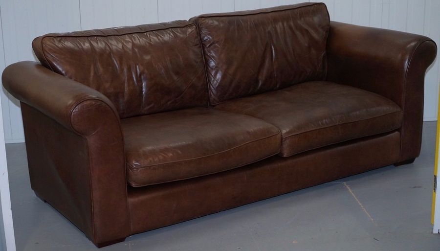 Large Laura Ashley Heritage Brown Vintage Leather 3 To 4 Seater Sofa