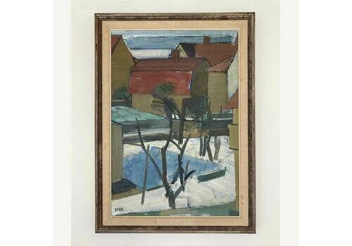 Mid Century Modern Abstract View   A Vintage Scandinavian Still Life Painting   Original Swedish Framed Oil On Canvas   Townscape View