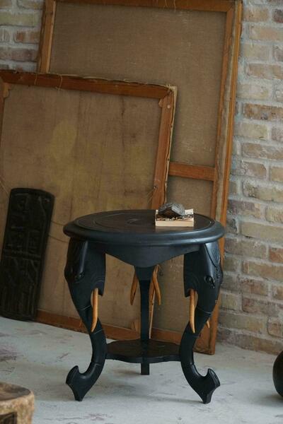 Ebonized Hardwood Side Table With 3 Elephant Head Legs, East Indian, 1920s photo furniture