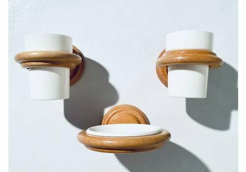 Bathroom Soap Holder & Two Cups With Wooden Wall Fixings / 1970s Danish Vintage Decor