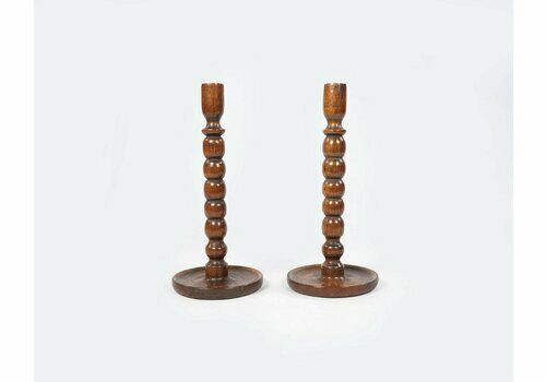 Pair Of Oak Bobbin Candle Holders