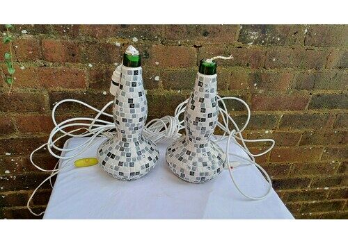 Superb Pair Of Mosaic On Glass Bottle Handmade Bedside Lamps. Great Condition. Lots Of Flex But Need Rewiring. Black White Grey..