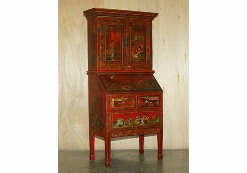 Antique Chinese Chinoiserie Hand Painted & Lacquered Secratiare Library Bookcase