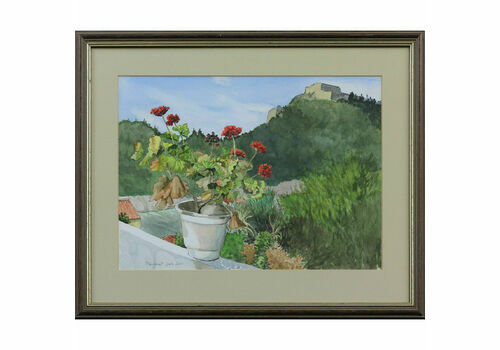 Watercolour By Margaret Laws. Terrace At Assos, Kephalonia, Greece
