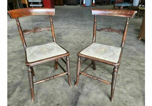 Pair Two Antique Victorian Mahogany Bar Back Embroidered Chairs Turned Legs