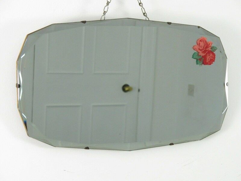 Art Deco Mirror. 14 Sided With Fancy Bevelled Edge And Rose Motif. Ready To Hang On Original Visible Chain. photo for sale