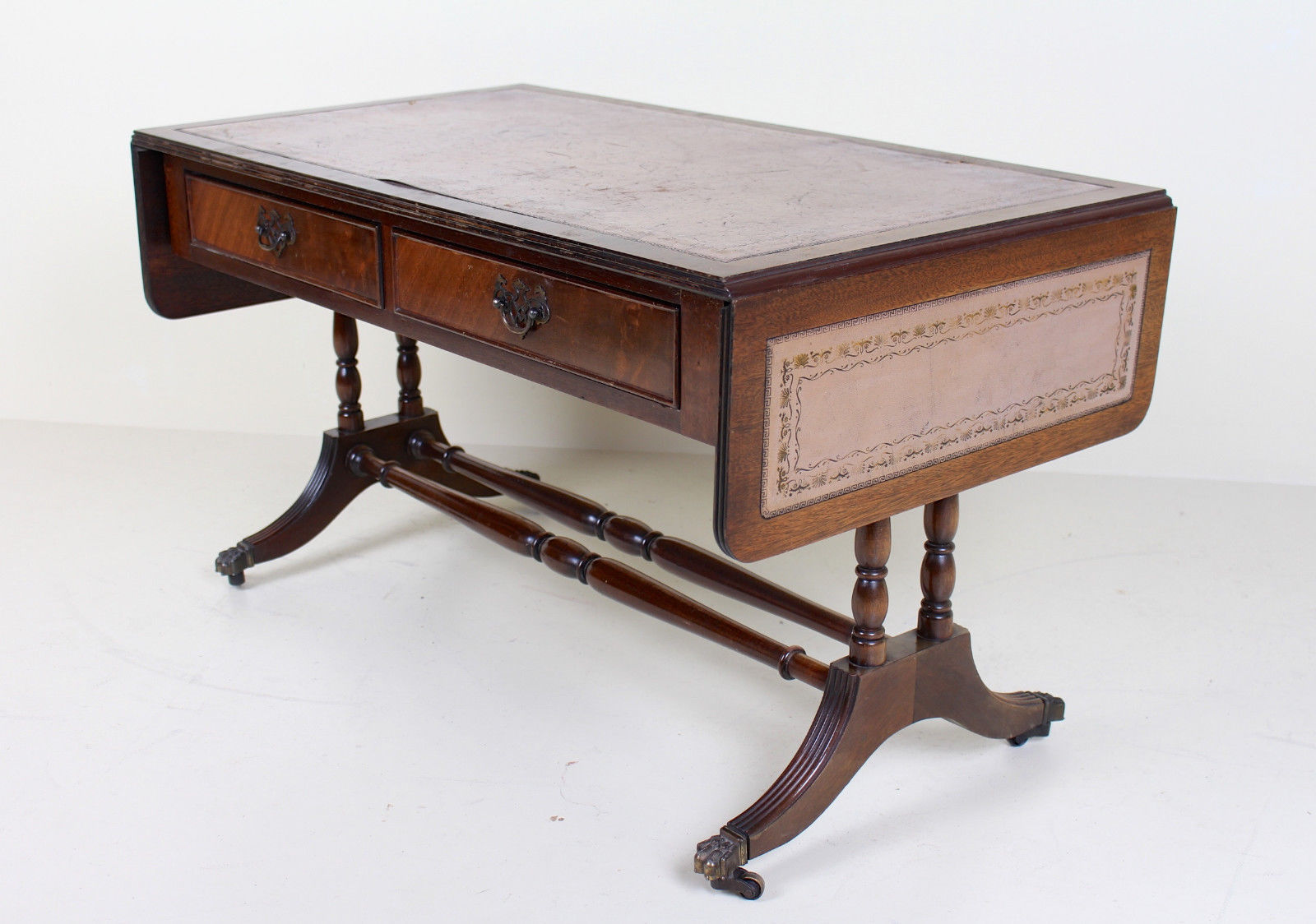 Antique Vintage Sofa Table Drop Leaf Folding Console Table Leather Mahogany Vinterior Versatility is key when it comes to this drop leaf console or kitchen table.