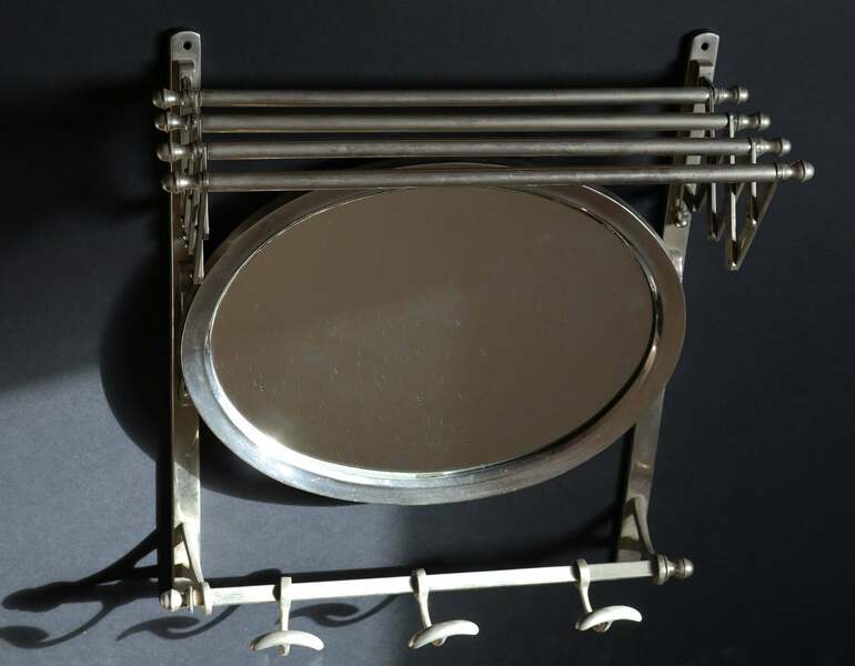 Antique Metal Train Coat Rack With Mirror French Luggage Rack