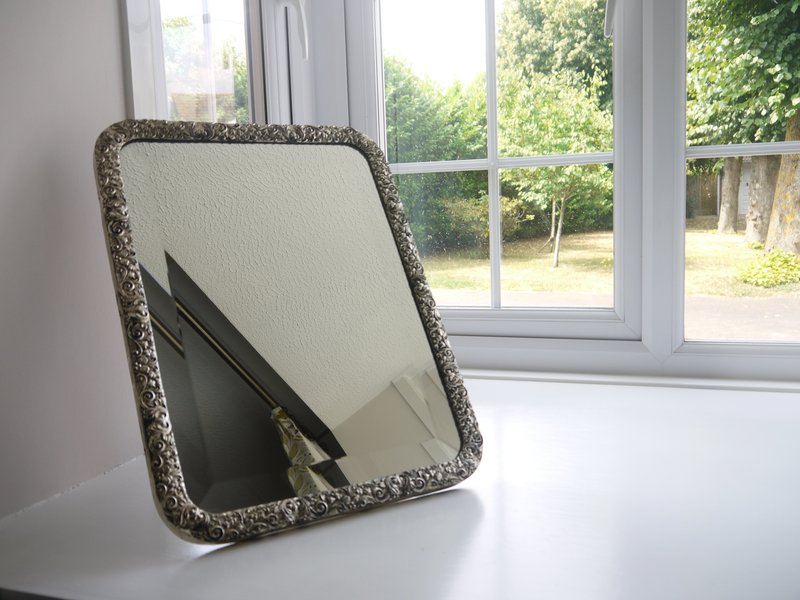 Vintage Spanish Freestanding Mirror With Silver Repousse Metal On Vintage Spanish Freestanding Mirror