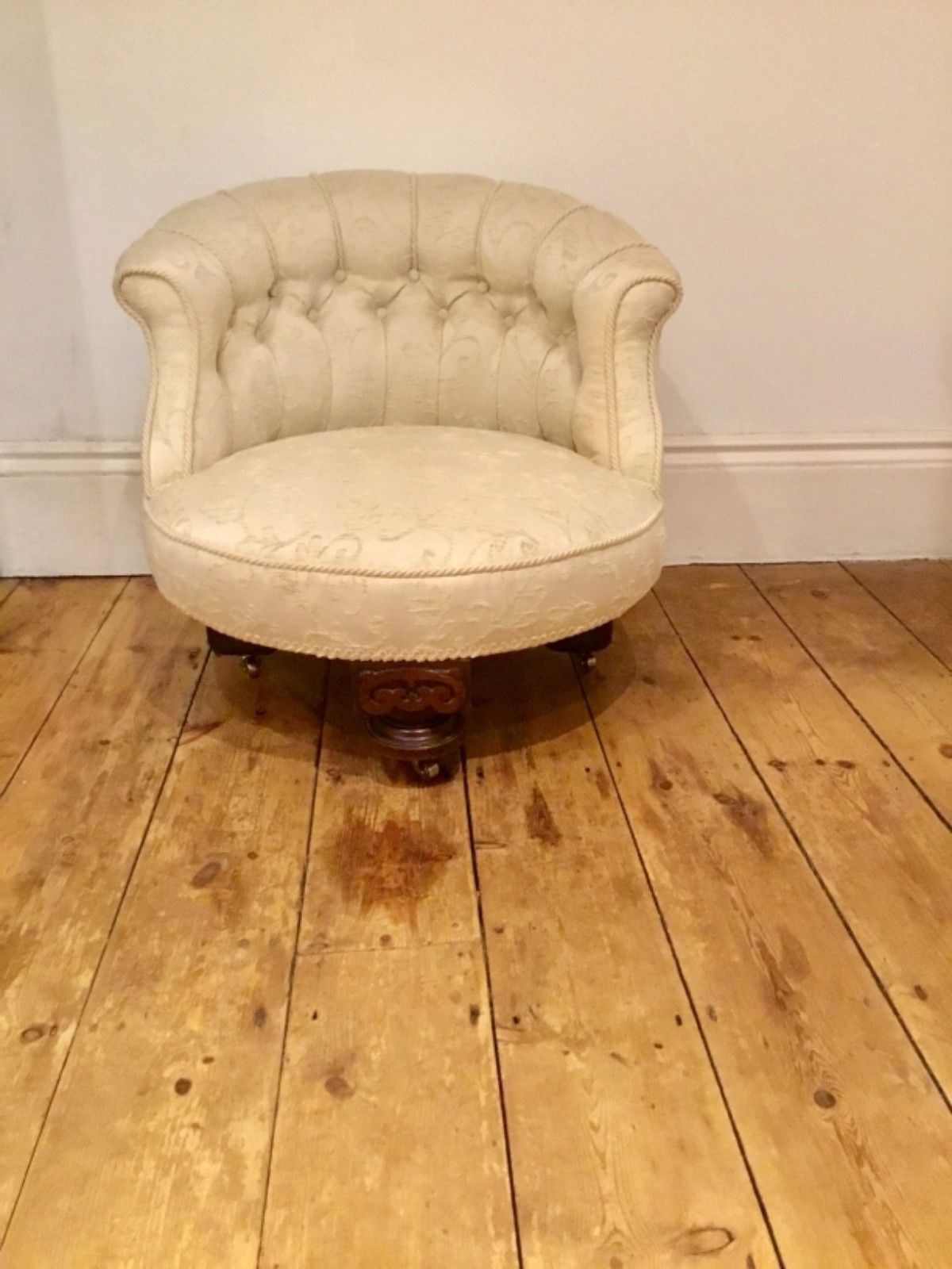 Antique Victorian Tub Chair Cream Upholstery With Walnut Carved Base