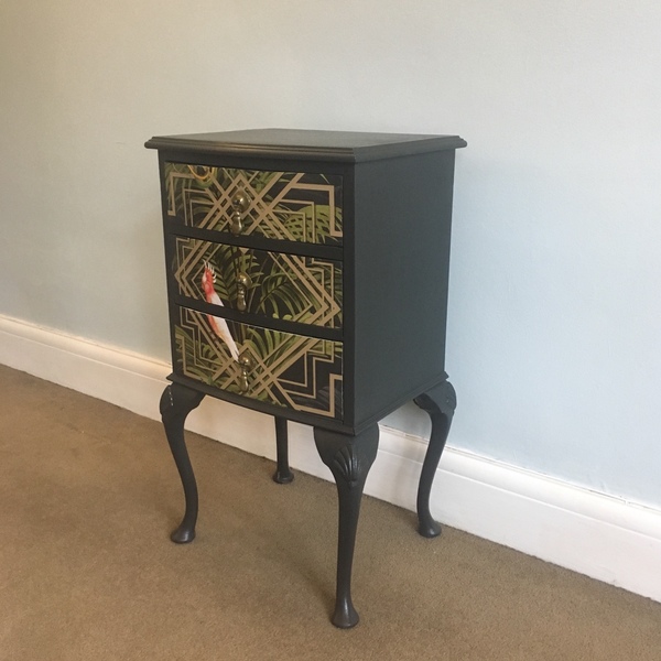 Upcycled Vintage Art Deco Geometric Bedside Cabinet Hand Painted Graphite Dark Grey Gold Decoupaged Tropical Bedroom Storage Nightstand Dolly Did It Vinterior