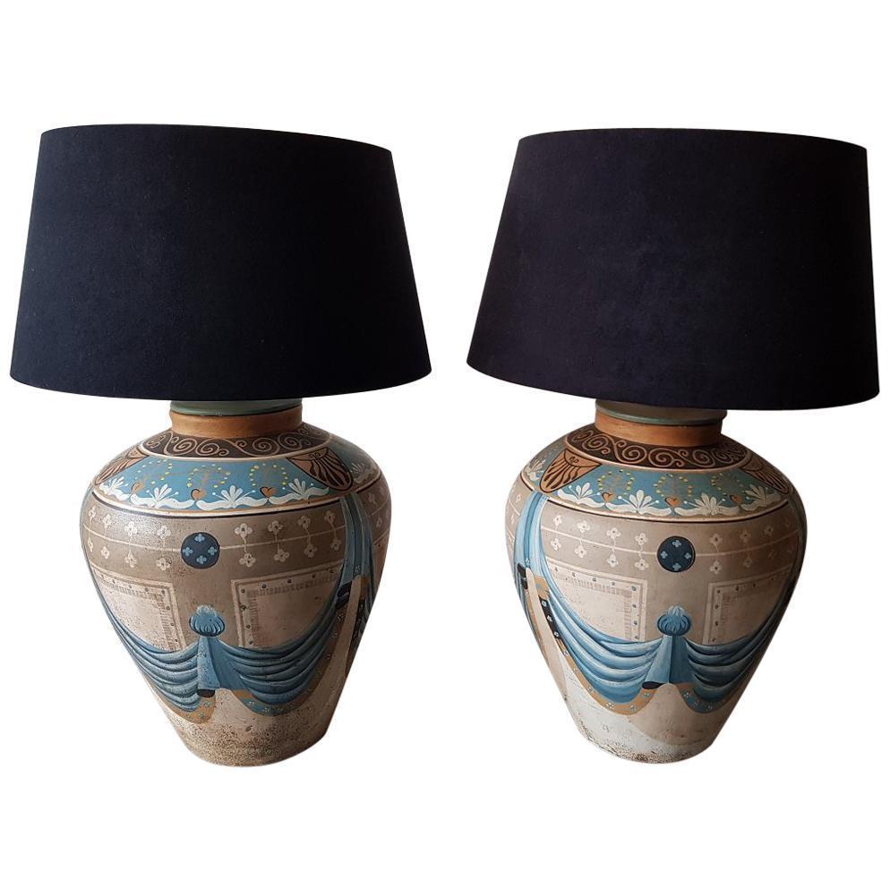 Hand Painted Terracotta Pair of Large Terracotta Table Lamps at