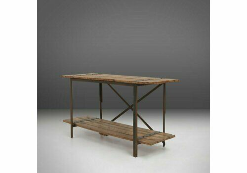Industrial Side Table With Metal Frame And Wooden Top And Removable Platform, Belgium, 1920s