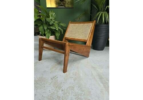 Mid Century Modern Teak Lounge Chair With Woven Rattan Backrest