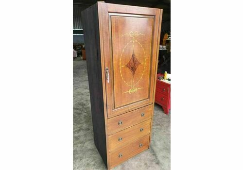 Antique Edwardian Inlaid Slim Single Wardrobe Drawers Linen Press