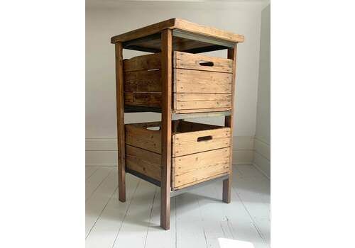 Vintage Handmade Industrial Two Drawer Wooden Storage Unit W/ Reclaimed Crates