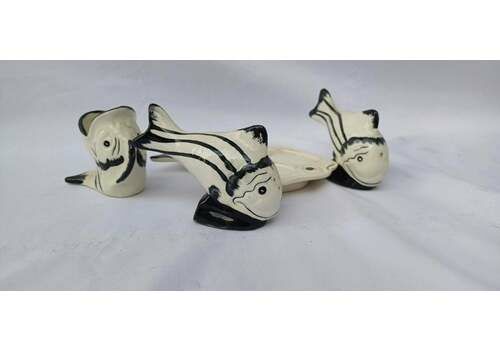 Vintage Retro 1950s Quirky Fish Ceramic Condiment Set On Saucer.