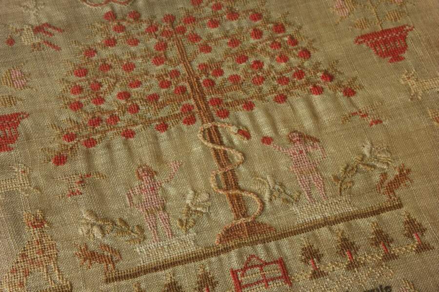 Georgian Needlework Sampler. Adam & Eve. Ann Richards Barrow Upon Soar. photo furniture