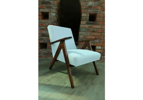 Mid   Century Armchair White Color Boucle Scandinavian Design Wooden Lounge Chair