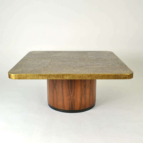 Brutalist Square Etched Brass Coffee By Table Heinz Lilienthal 1960's photo furniture