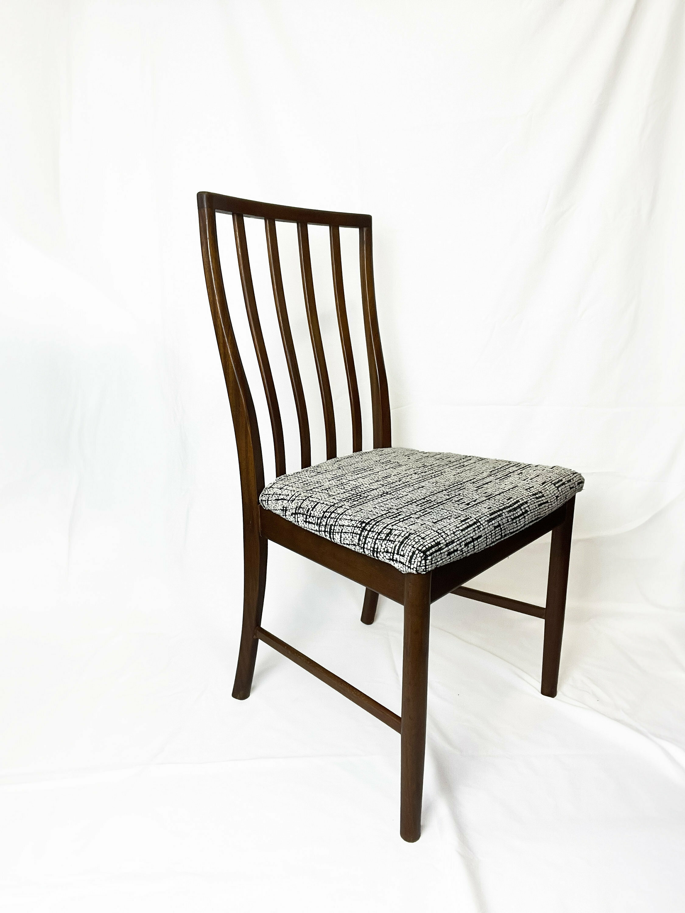 Mid Century Vintage Set Of Four Teak McIntosh Dining Chairs Reupholstered In Retro Monochromatic Tufted Jacquard (Fire Reg'd)