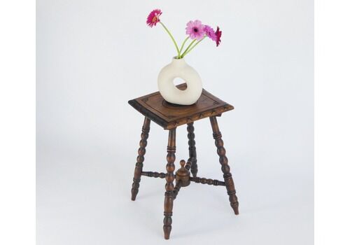 Antique Small Bobbin Wooden Stool, Carved Side Table With Flower, Barley Twist Furniture, Oak Bench, Plant Stand