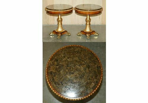 Sublime Pair Of Vintage Marble Topped Side End Tables Solid Brass Lions Paw Feet