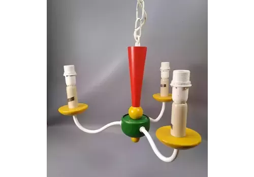Vintage Memphis Style Red Yellow Green Wooden 3 Arm Chandelier Ceiling Light