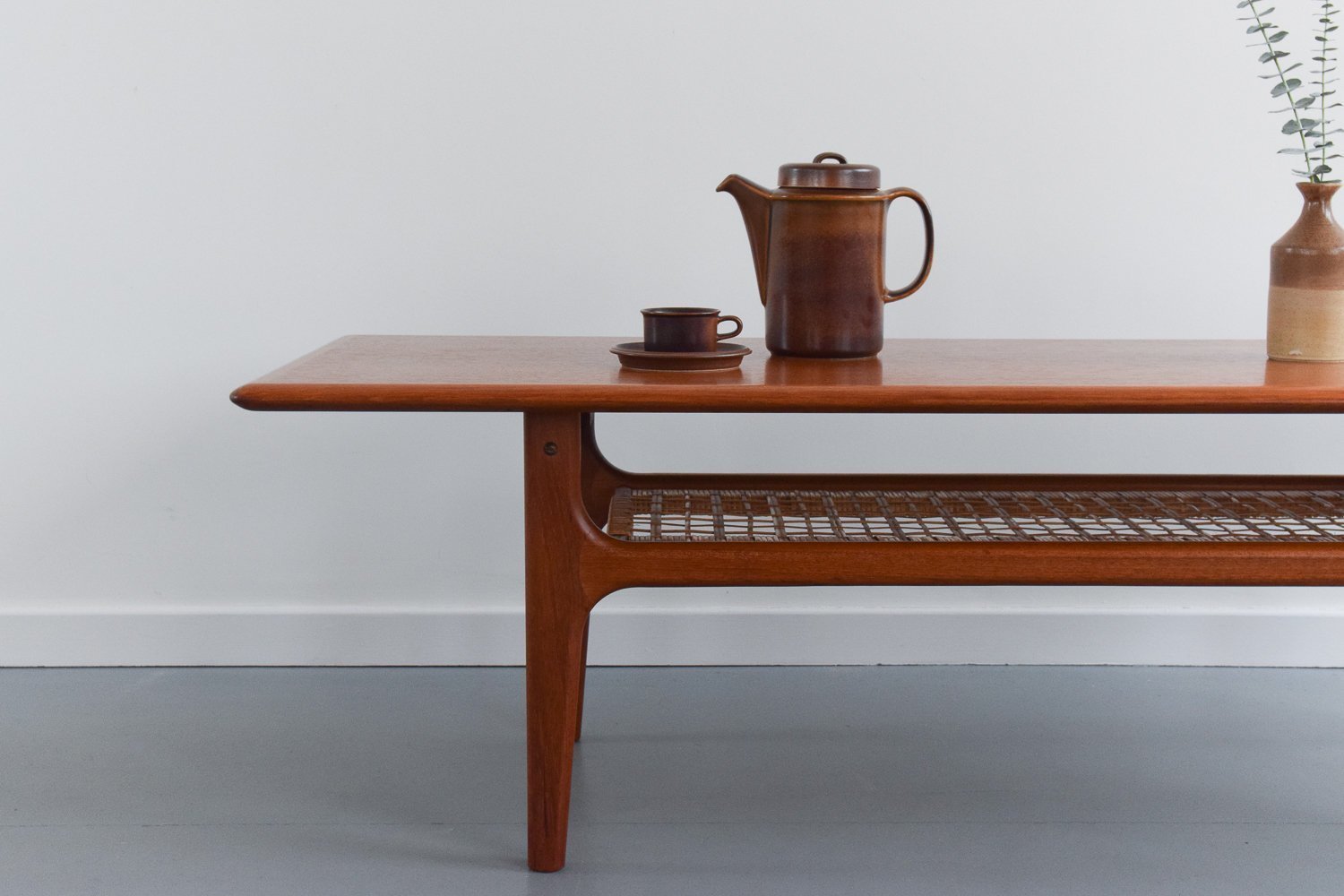 Vintage Large Teak Mid Century Coffee Table With Rattan Magazine