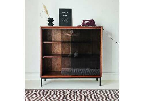 Mid Century  Herbert E Gibbs Teak & Black Glass Drinks Cabinet Bookcase