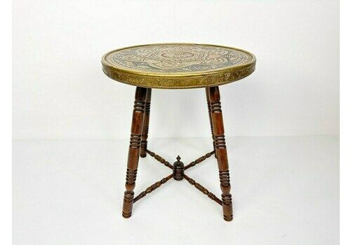 Vintage Side Table With Engraved Brass Top Boho Decor Farmhouse Decor Cottage Decor