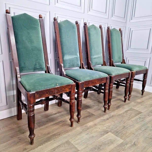 Vintage Solid Wood Dining Chairs Set Of 4 Turned Legs High Back Fabric ...
