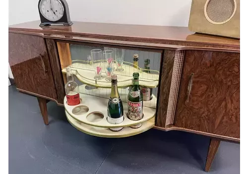 1960s Vintage Midcentury Beautility Burr Walnut Sideboard Revolving Cocktail Bar