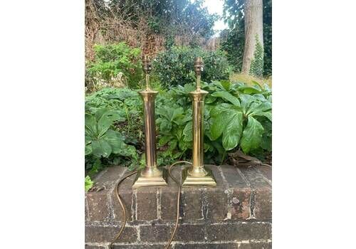Vintage Pair Of Tall Brass Candlestick Lamps, Vintage Stick Lamps With Square Base, Working Tall Lamps