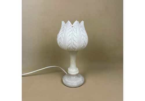 Marble Floral Carved Lamp Light Bedside Table Desk Vintage White Vintage Antique Round Base Side Light Pretty Unusual Heavy