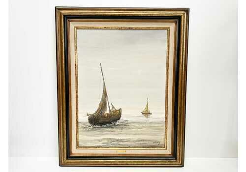Vintage Belgian School Oil On Canvas Seascape, Fisherman Ships