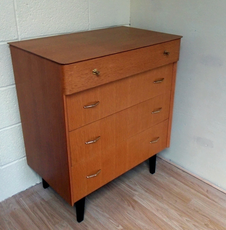 Mid Century Rare Light Oak Chest Of Drawers With Brass Handles And