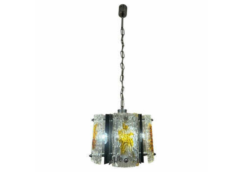 1960s Italian Mazzega Polished Chrome & Murano Textured Clear & Amber Glass Pendant Hanging Light