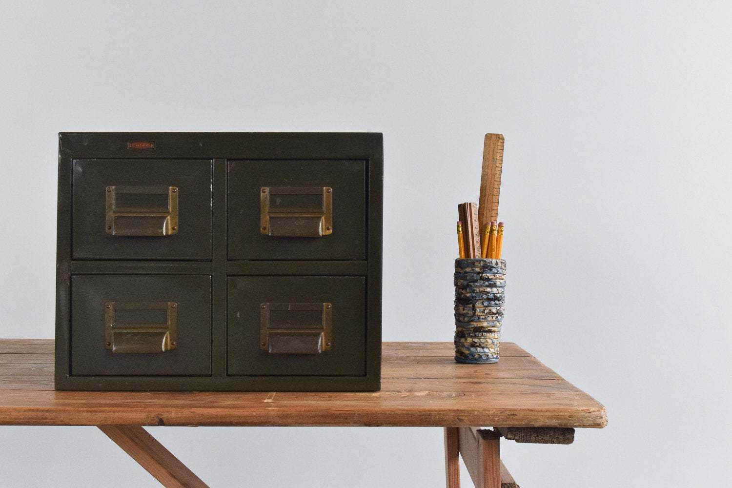 Vintage Industrial Green Table Top Four Drawer Metal Filing