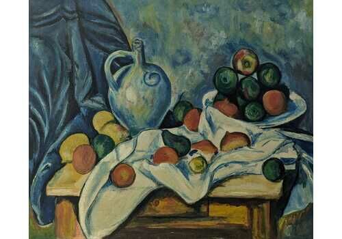Vintage French Still Life Oil On Canvas Painting Of Curtains Jug And Fruit Bowl After Cézanne, Wall Art From France