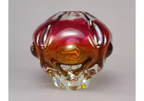 Vintage 1950s Josef Hospodka Chribska Pink/Yellow Bubble Cased Czech Glass Vase